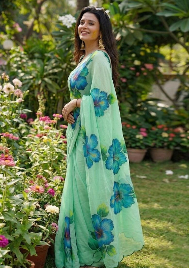 Pista Hand Work Georgette Saree Set - Indya