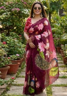 Maroon Hand Work Georgette Saree Set