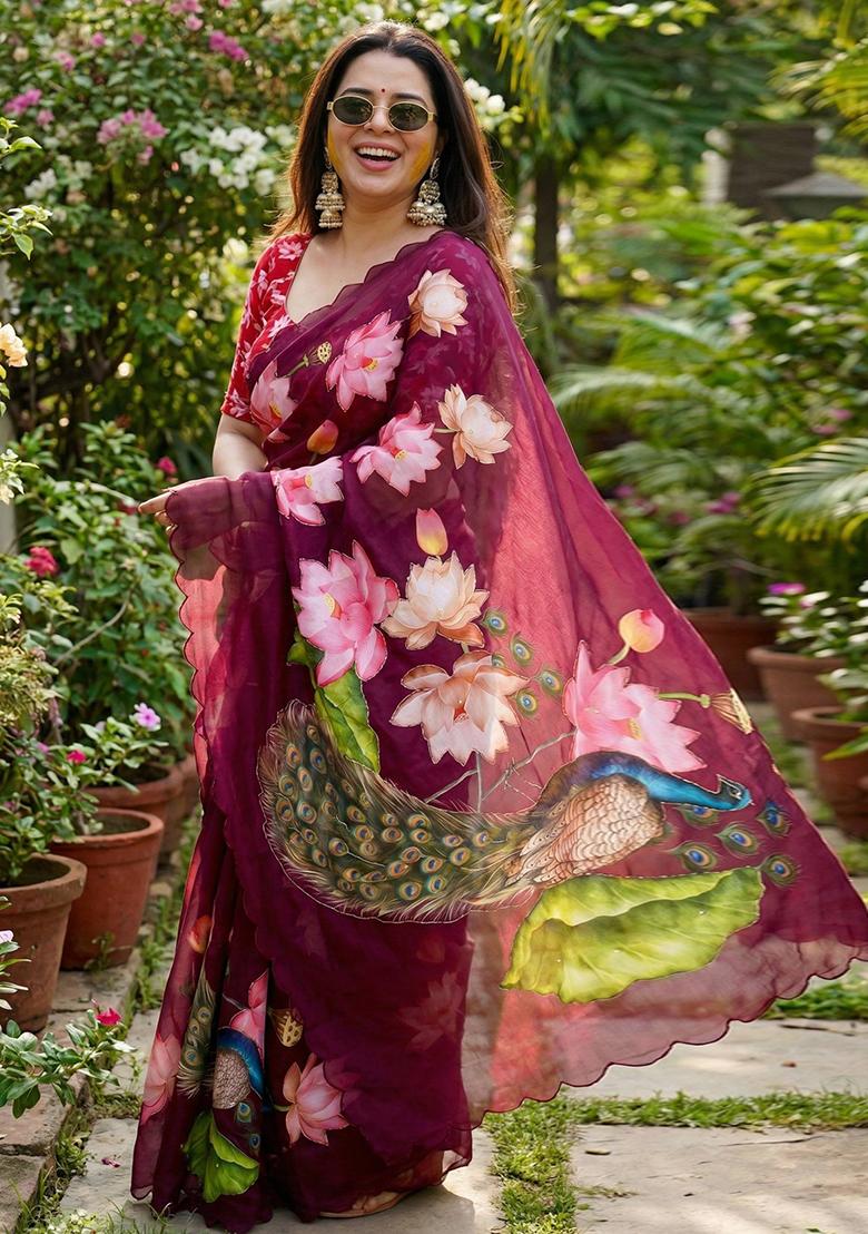 Maroon Hand Work Georgette Saree Set - Indya