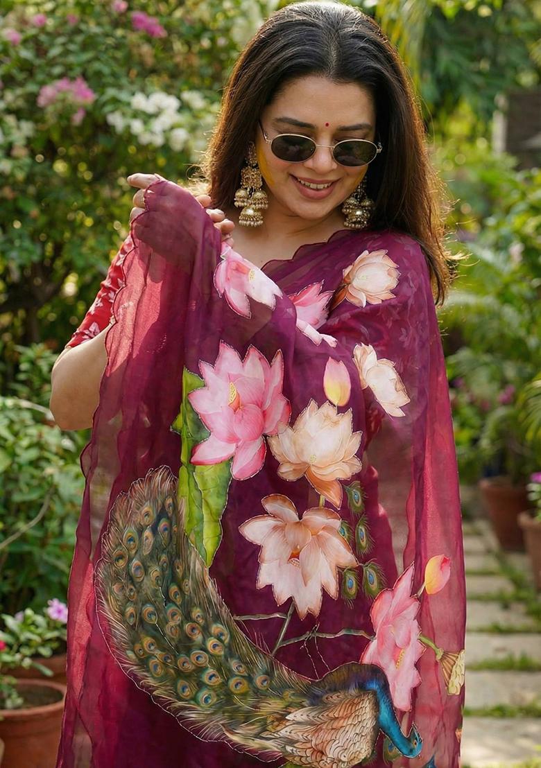 Maroon Hand Work Georgette Saree Set - Indya