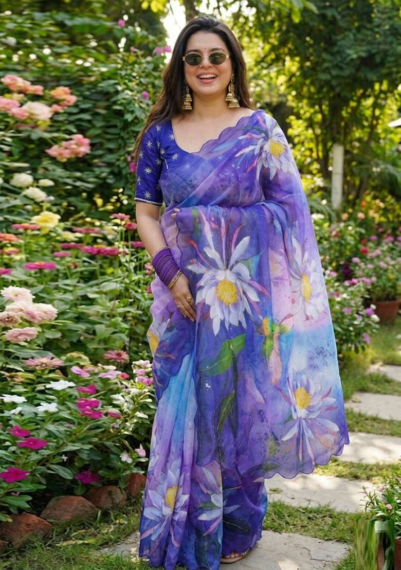 Lavender Georgette Saree Set with Hand Work for Diwali | Wedding & Festive Wear - Indya