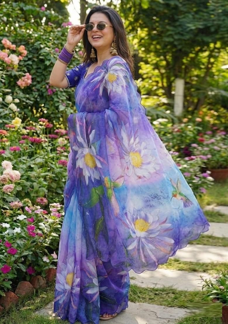 Lavender Hand Work Georgette Saree Set - Indya