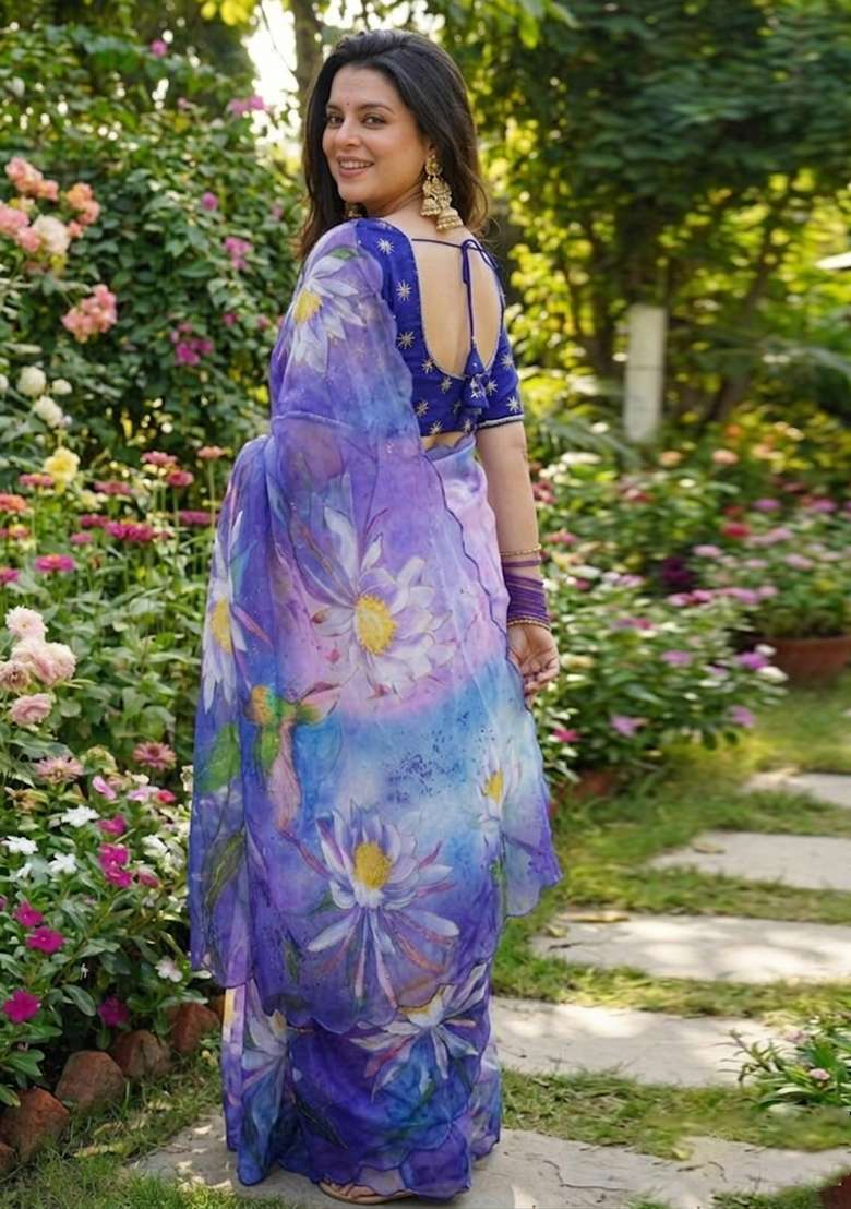 Lavender Georgette Saree Set with Hand Work for Diwali | Wedding & Festive Wear - Indya