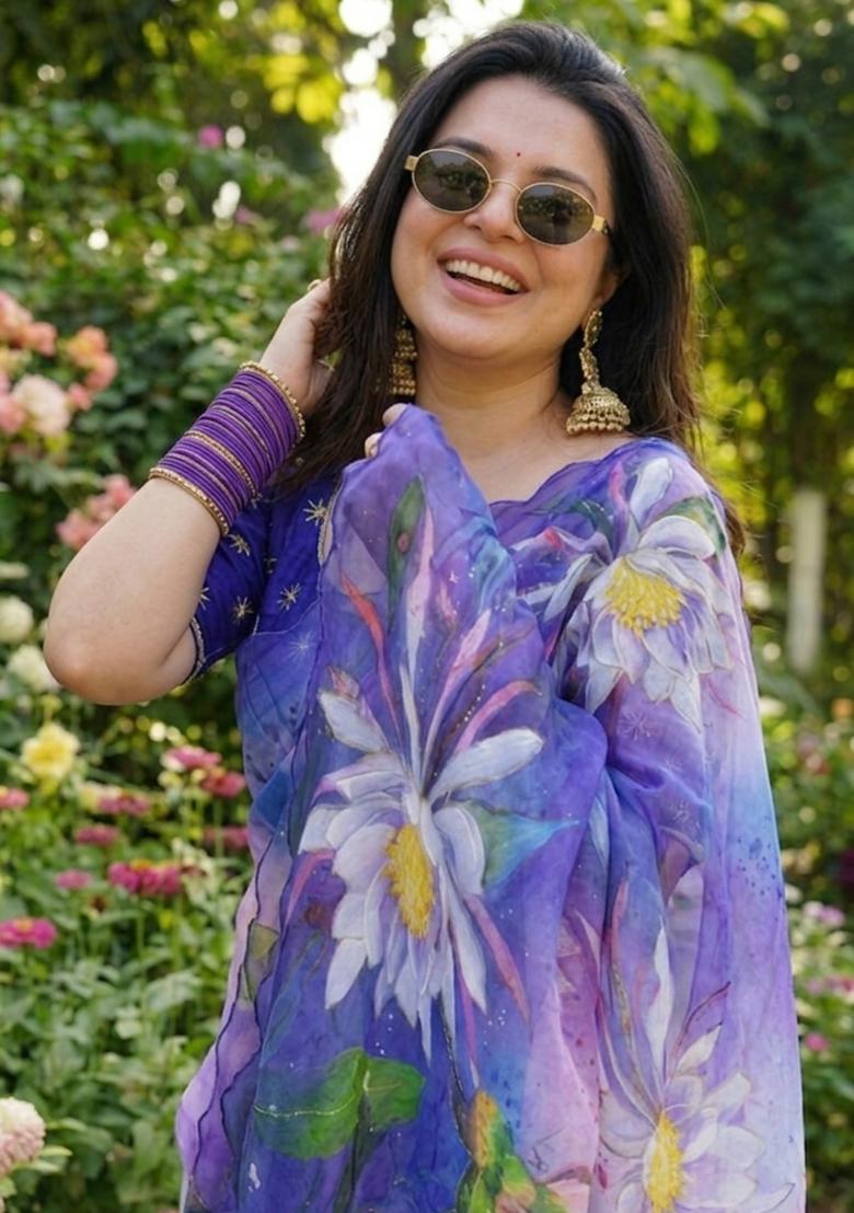 Lavender Hand Work Georgette Saree Set - Indya