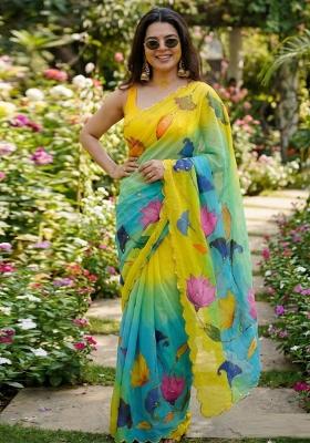 Yellow Hand Work Georgette Saree Set