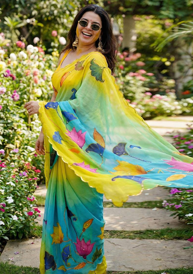 Yellow Hand Work Georgette Saree Set - Indya