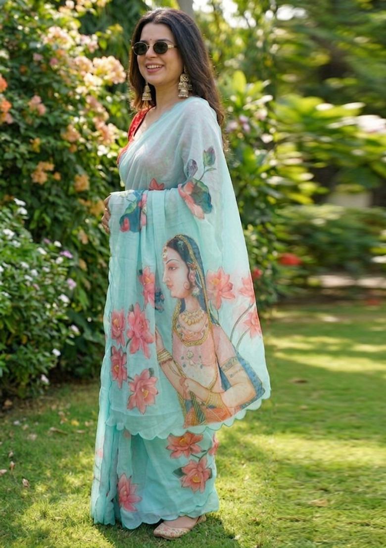 Sky Blue Hand Work Georgette Saree Set - Indya