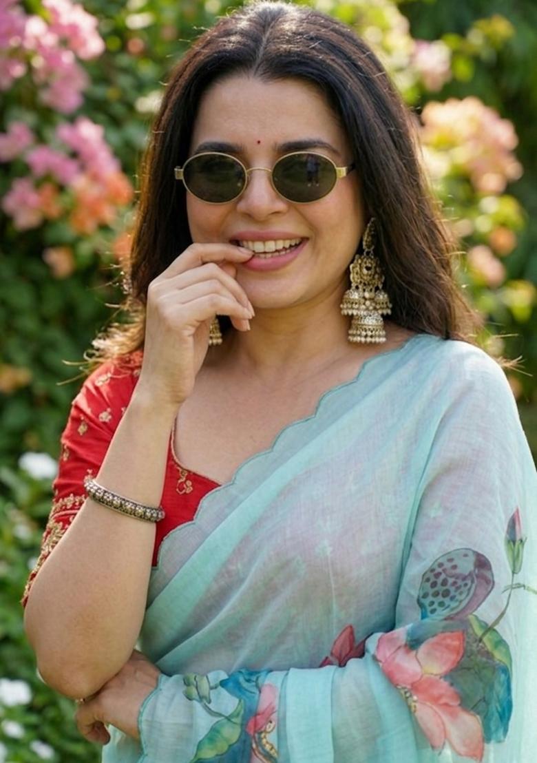 Sky Blue Hand Work Georgette Saree Set - Indya