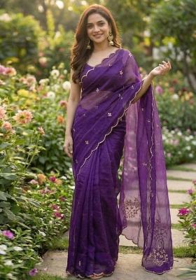 Purple Hand Work Silk Saree Set