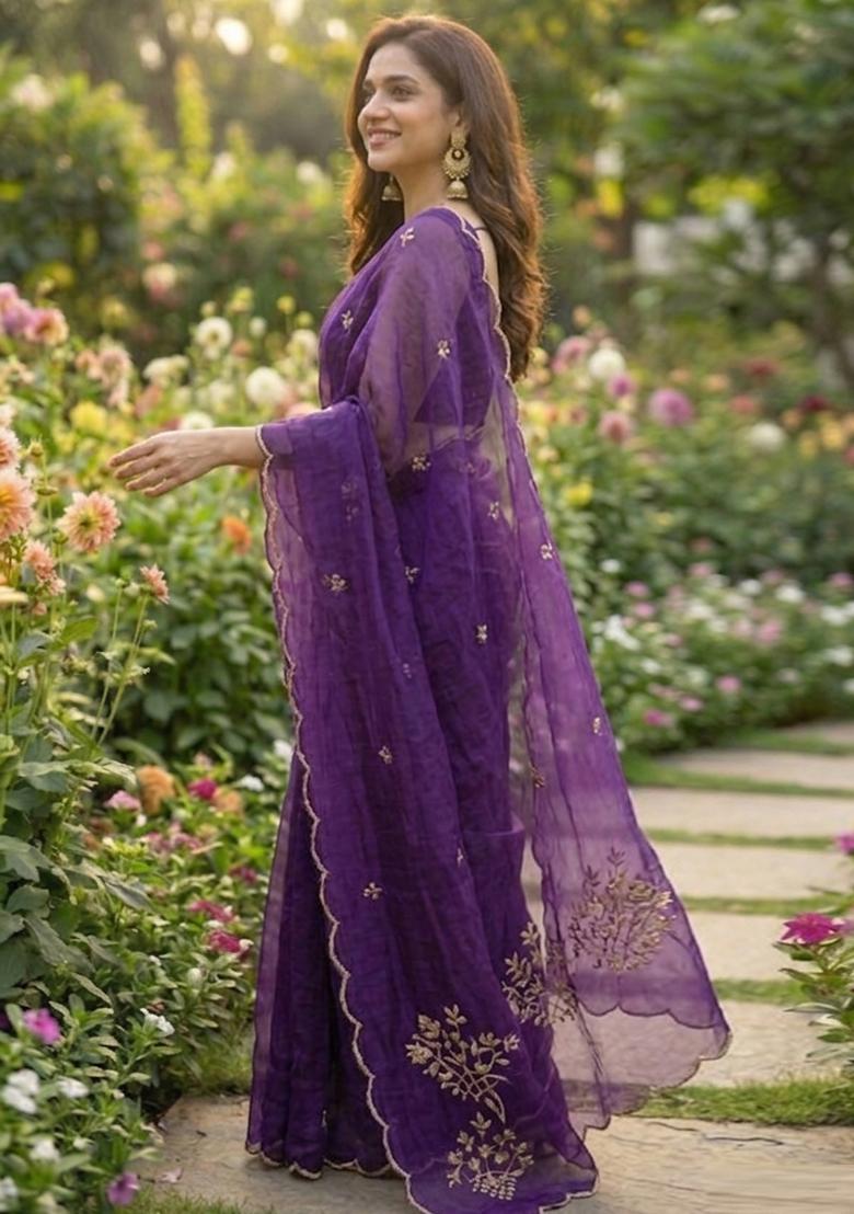 Purple Hand Work Silk Saree Set - Indya