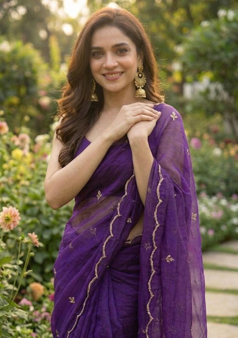 Purple Hand Work Silk Saree Set - Indya