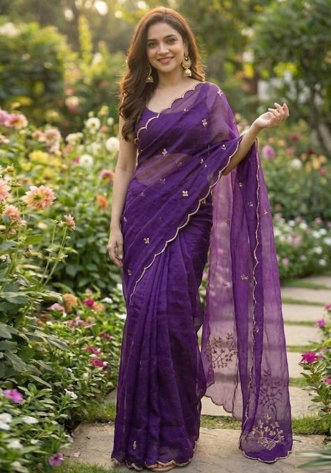 Purple Hand Work Silk Blend Saree Set