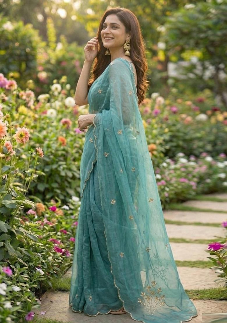 Teal Hand Work Silk Saree Set - Indya