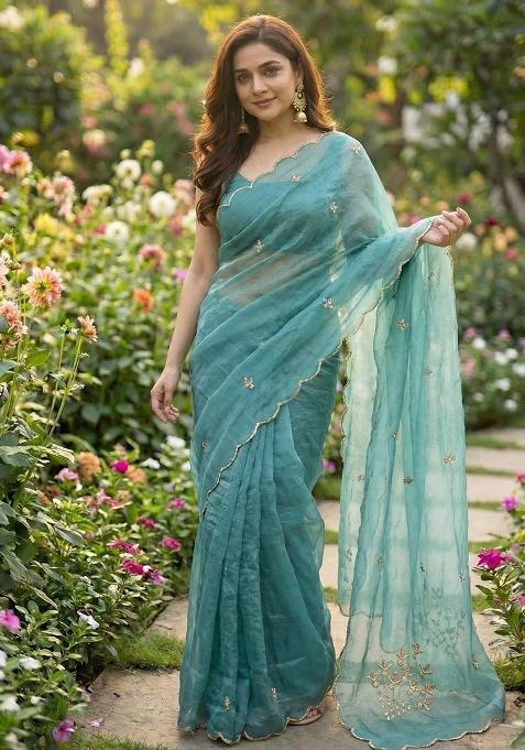 Teal Hand Work Silk Saree Set