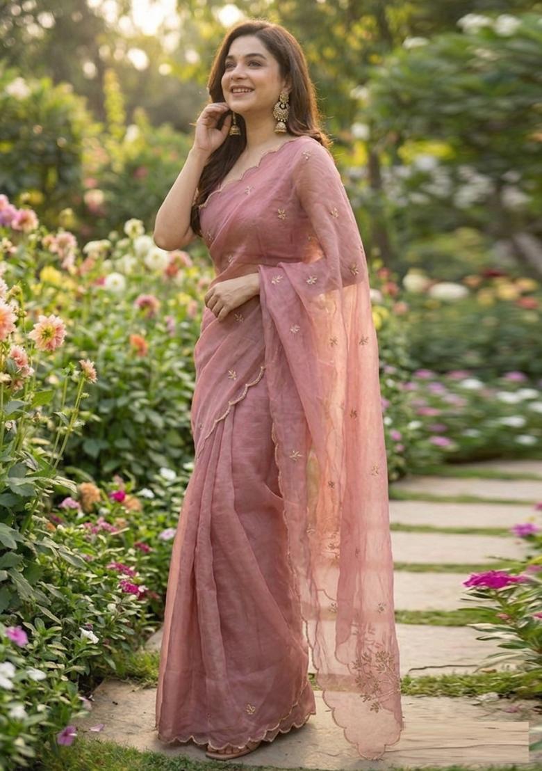 Pink Hand Work Silk Saree Set - Indya
