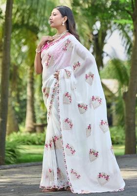 White Embroidery Silk Saree Set