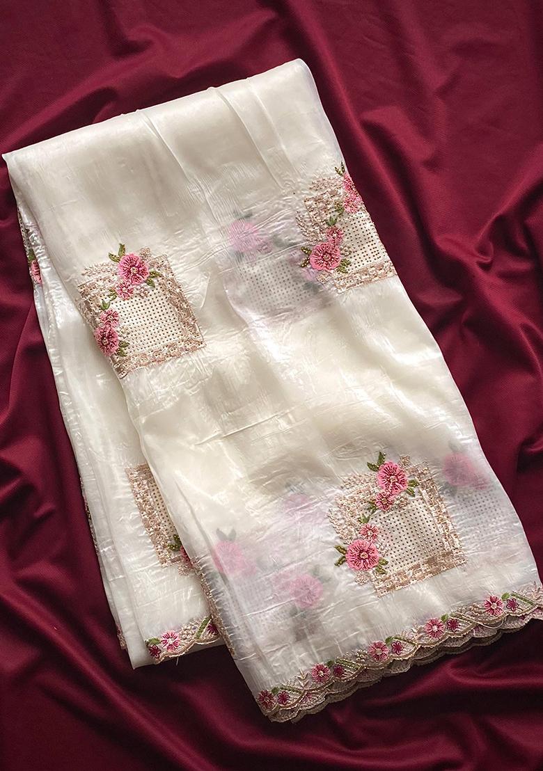 White Embroidery Silk Saree Set - Indya