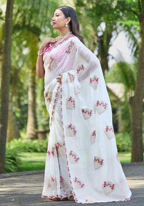 White Embroidery Silk Saree Set