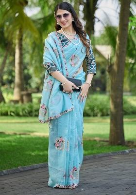 Sky Blue Embroidery Silk Saree Set