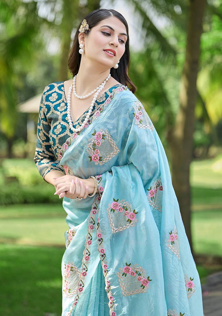 Sky Blue Embroidery Silk Saree Set - Indya
