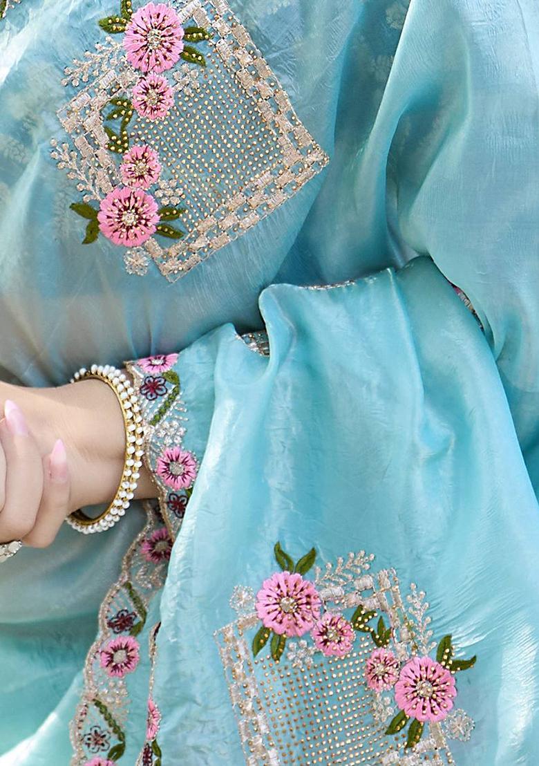 Sky Blue Embroidery Silk Saree Set - Indya