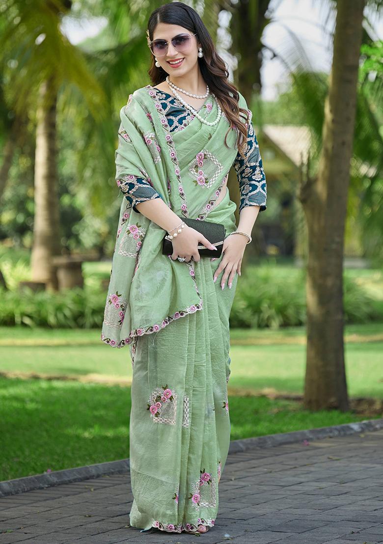 Pastel Green Embroidery Silk Saree Set - Indya