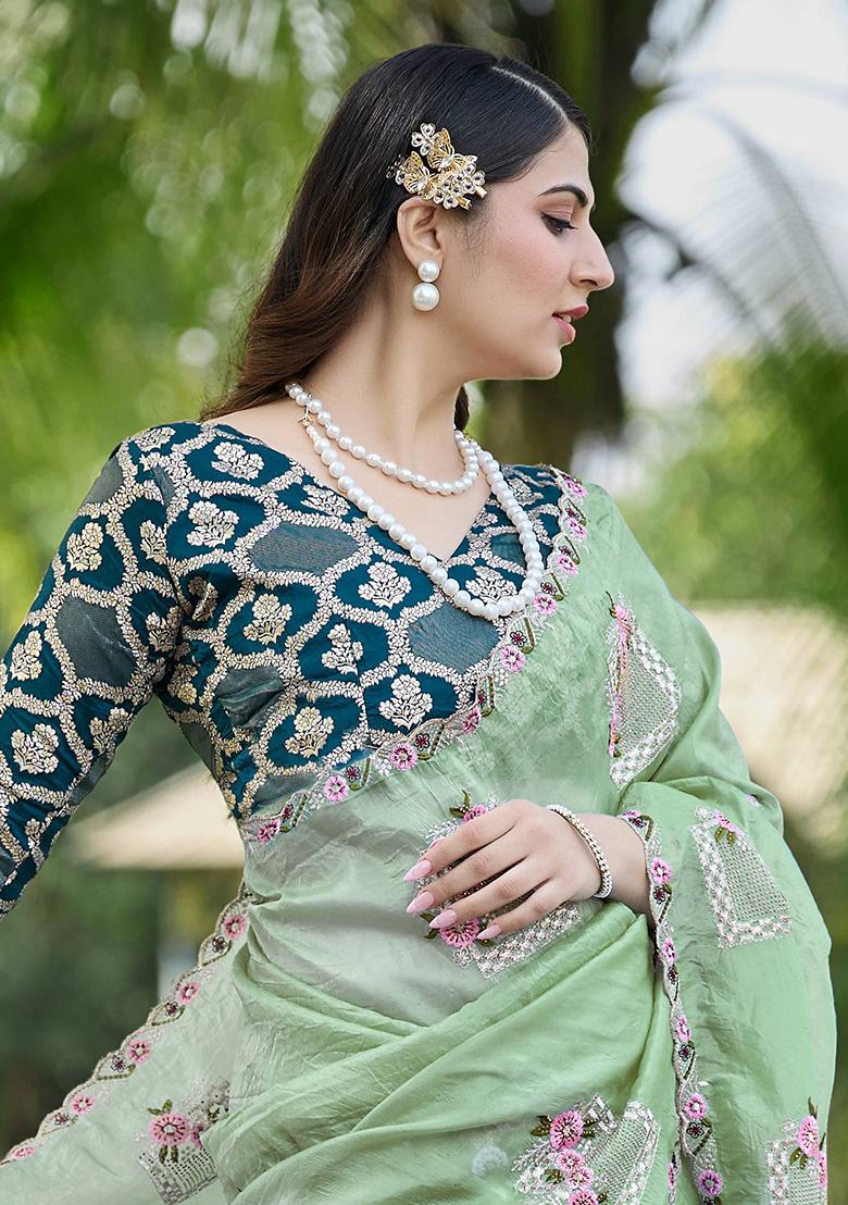 Pastel Green Embroidery Silk Saree Set - Indya