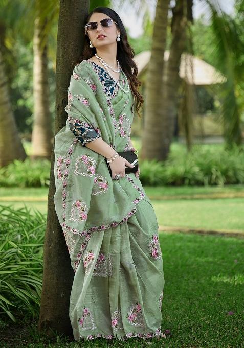 Pastel Green Embroidery Silk Saree Set