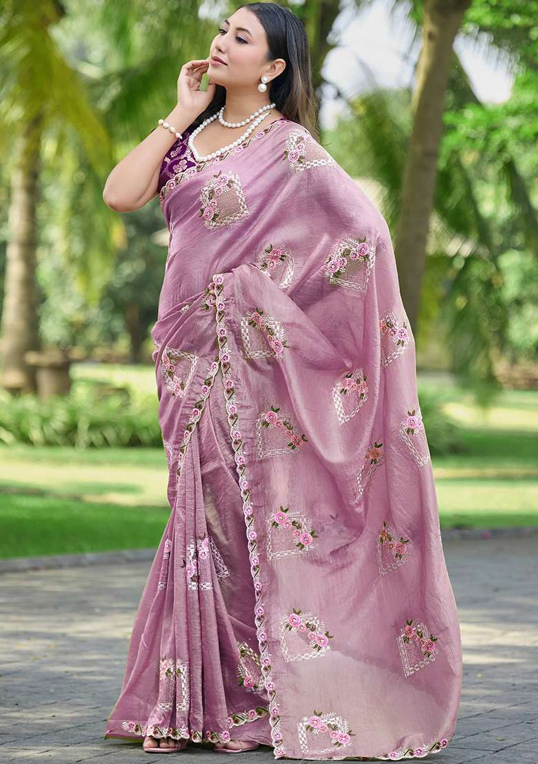 Pink Embroidery Silk Blend Saree Set for Diwali and Festive Wear - Indya