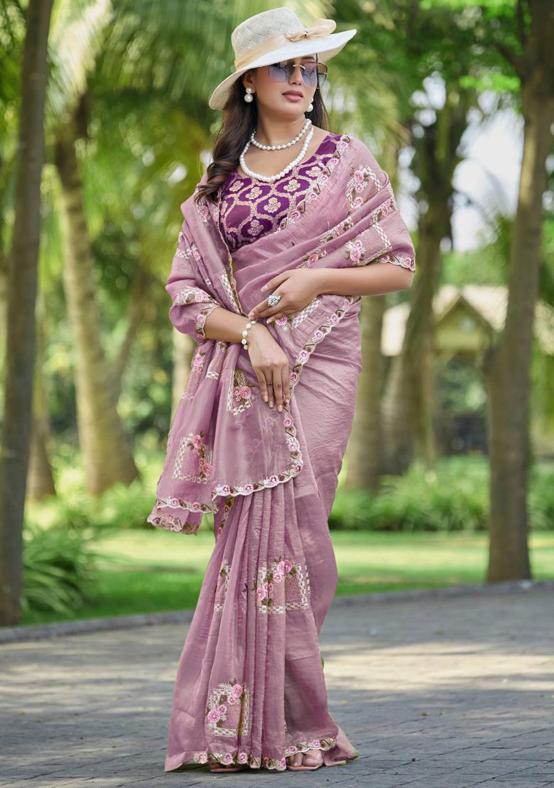 Pink Embroidery Silk Saree Set - Indya