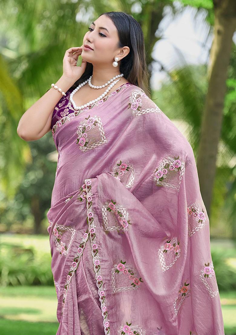 Pink Embroidery Silk Saree Set - Indya