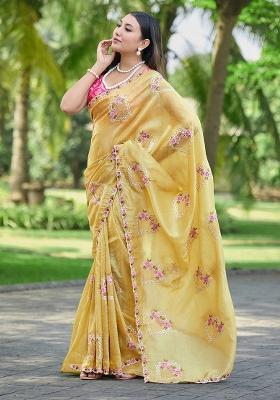 Yellow Embroidery Silk Saree Set