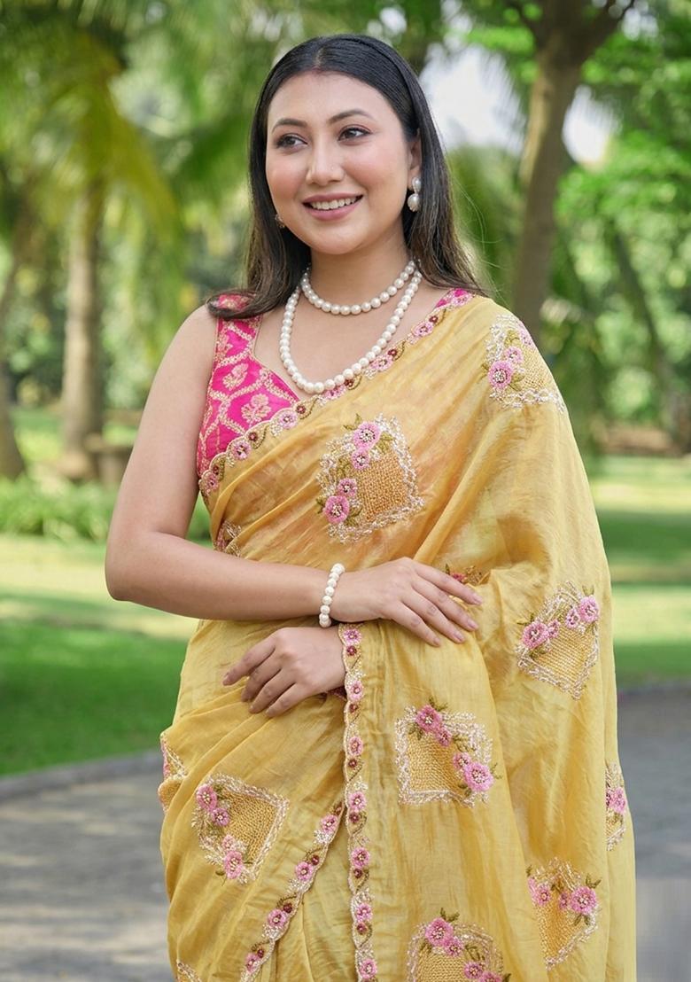 Yellow Embroidery Silk Saree Set - Indya