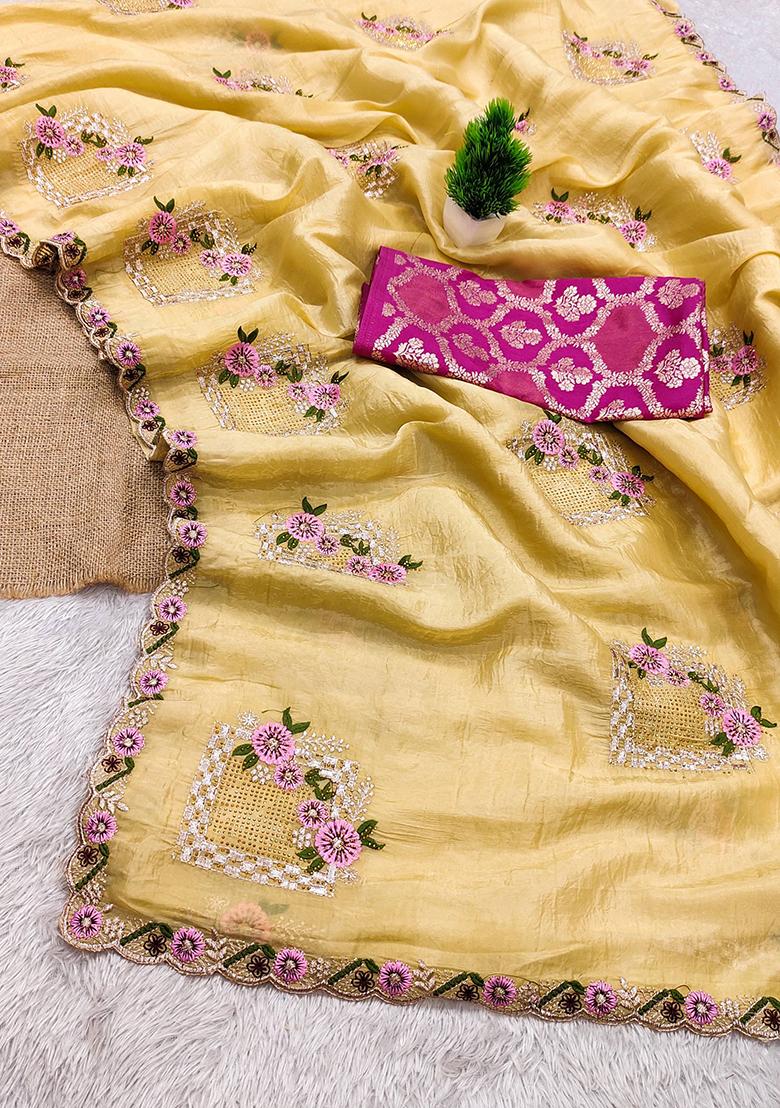 Yellow Embroidery Silk Saree Set - Indya