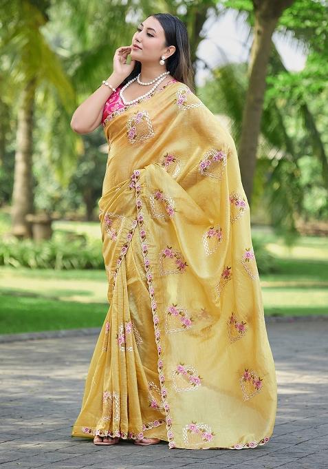 Yellow Embroidery Silk Saree Set