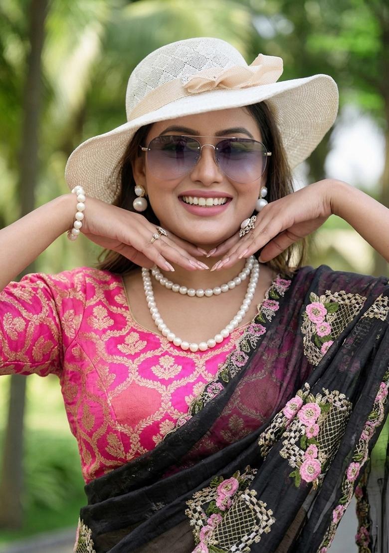 Black Embroidery Silk Saree Set - Indya