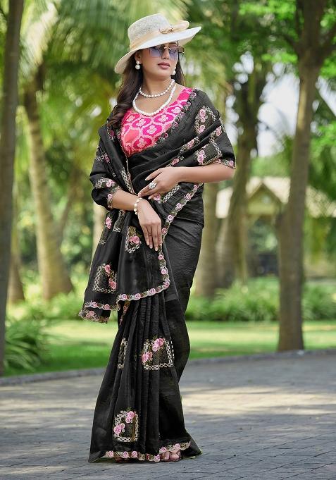 Black Embroidery Silk Blend Saree Set