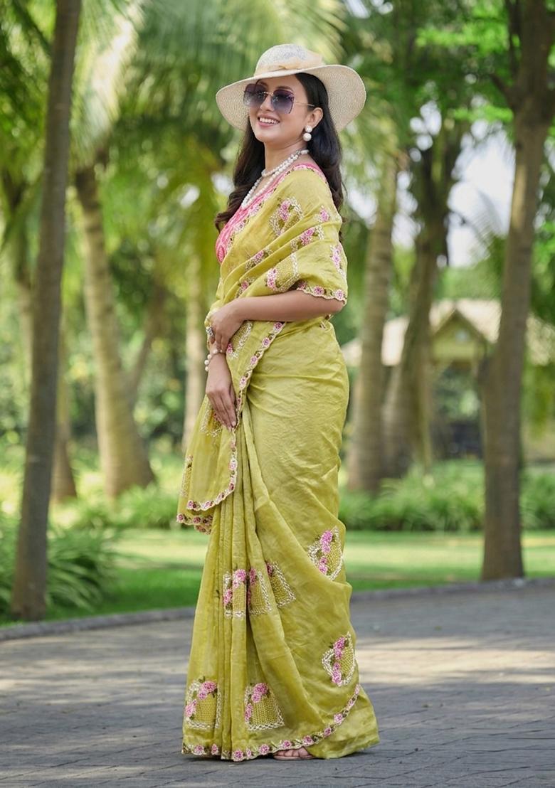 Yellow And Green Embroidery Silk Saree Set - Indya