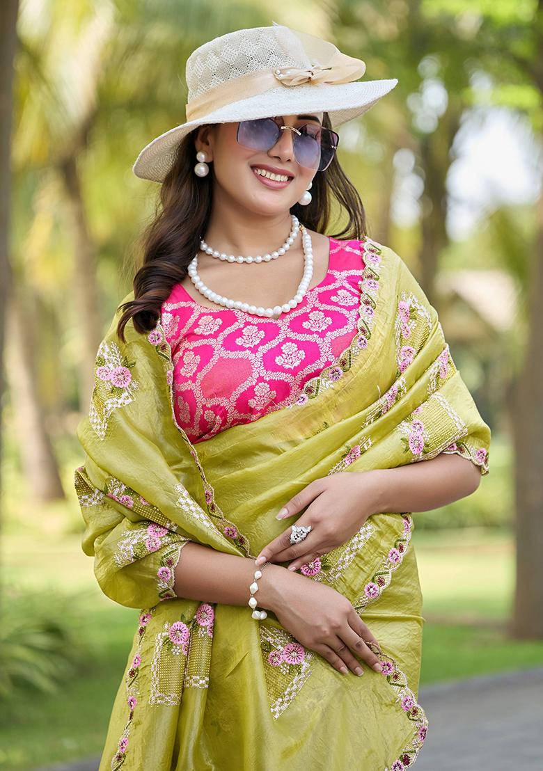 Yellow And Green Embroidery Silk Saree Set - Indya