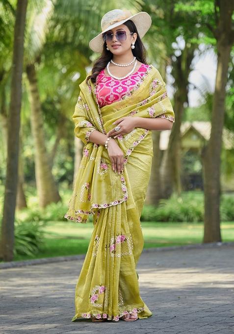 Yellow And Green Embroidery Silk Blend Saree Set
