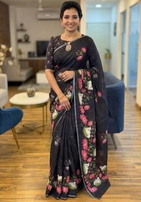 Black Zari Work Linen Saree Set