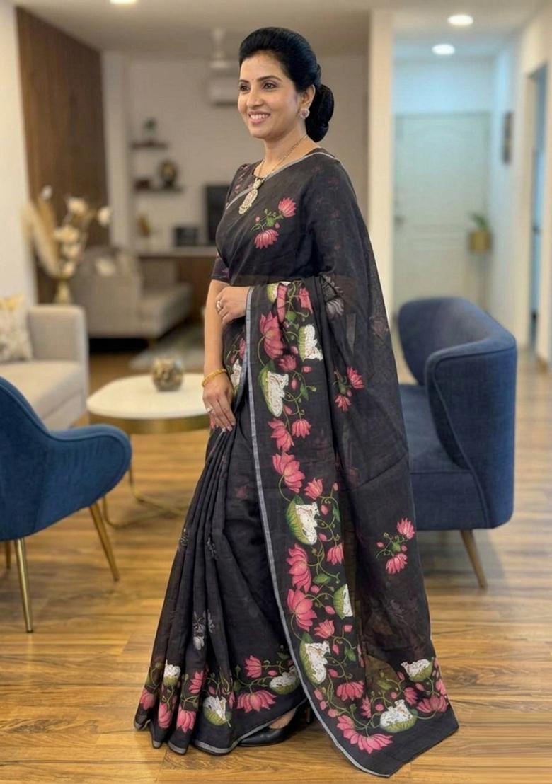 Black Zari Work Linen Saree Set - Indya