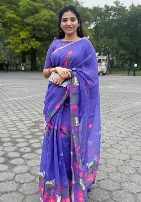 Purple Zari Work Linen Saree Set