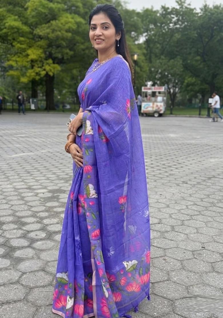 Purple Zari Work Linen Saree Set - Indya