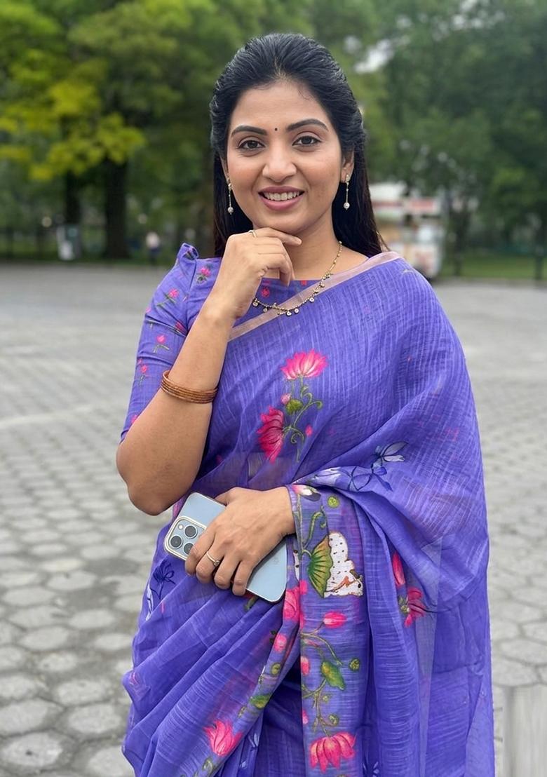 Purple Zari Work Linen Saree Set - Indya