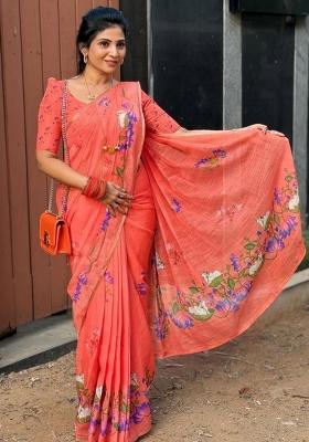 Orange Zari Work Linen Saree Set