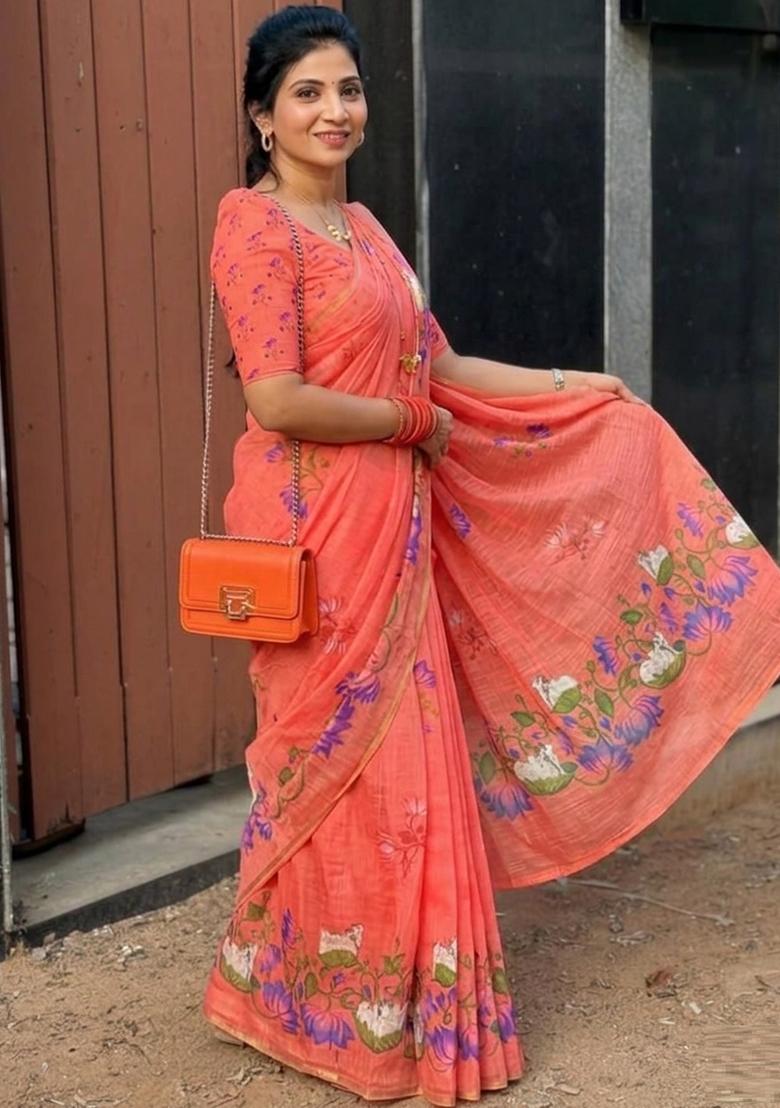 Orange Zari Work Linen Saree Set - Indya