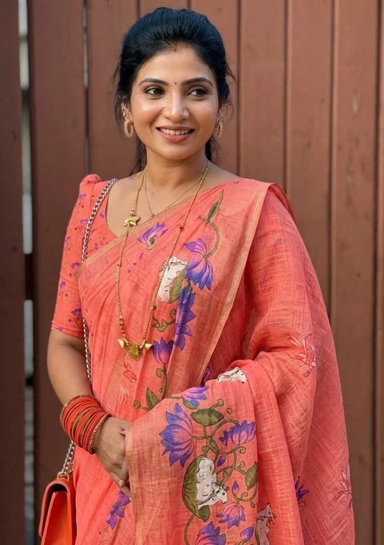 Orange Zari Work Linen Saree Set - Indya