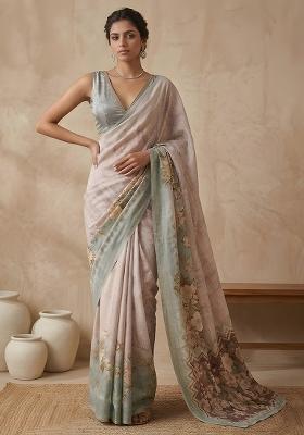 Pastel Pink Printed Simar Saree Set