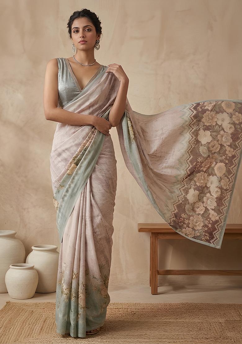 Pastel Pink Printed Simar Saree Set - Indya